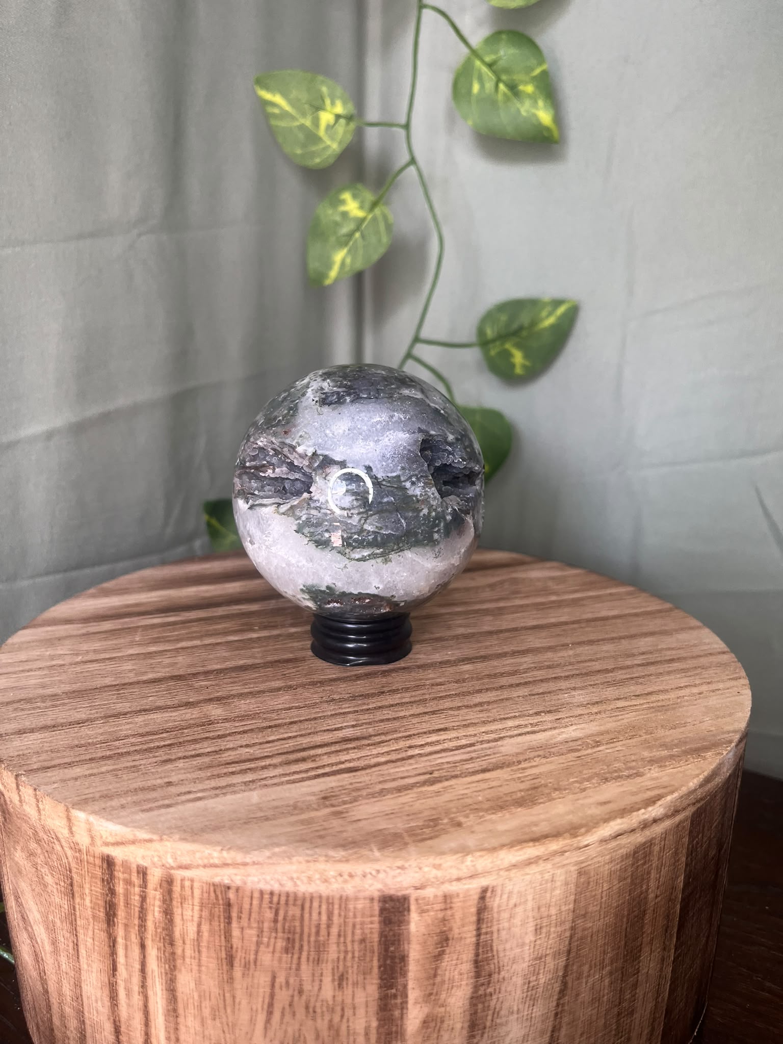 Moss Agate Sphere with Natural Druzy Portal