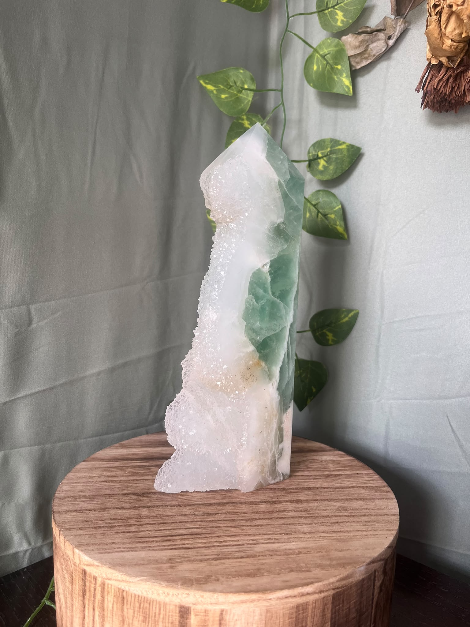 1021g natural Sugar Druzy Fluorite tower featuring sparkling white druzy crystal with polished green and white Fluorite.