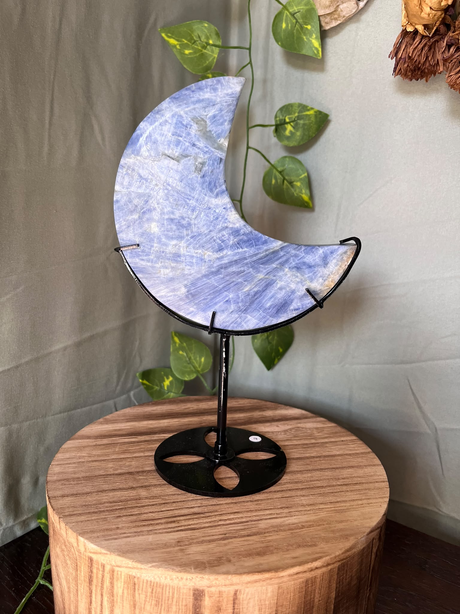 355g natural Blue Kyanite crescent moon crystal carving displayed on a black metal stand with soft blue fibrous patterning.