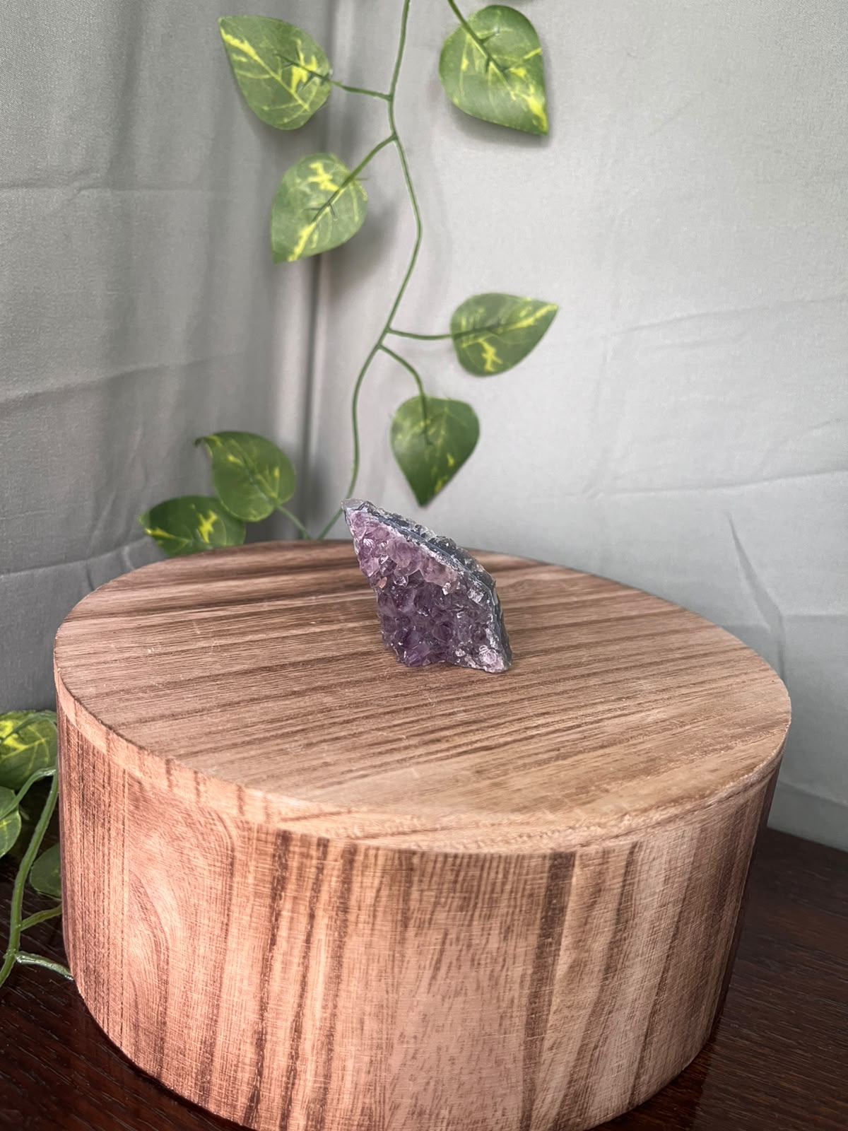 41g natural Amethyst cluster featuring sparkling lavender-purple Quartz crystal points in a slim freestanding formation.