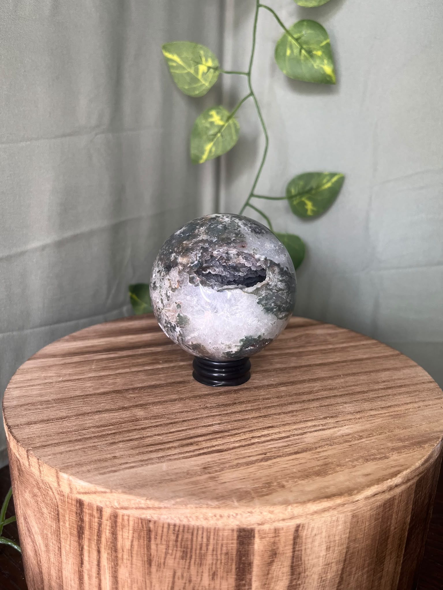 Moss Agate Sphere with Natural Druzy Portal