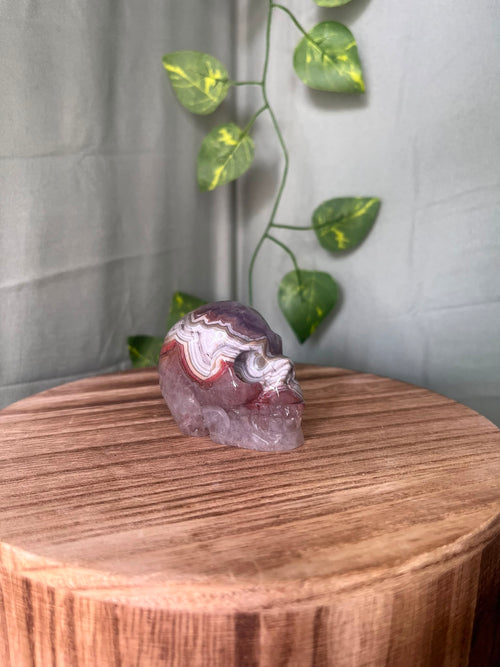 150g natural Amethyst and Agate crystal skull carving featuring intricate lace banding and soft purple quartz tones.