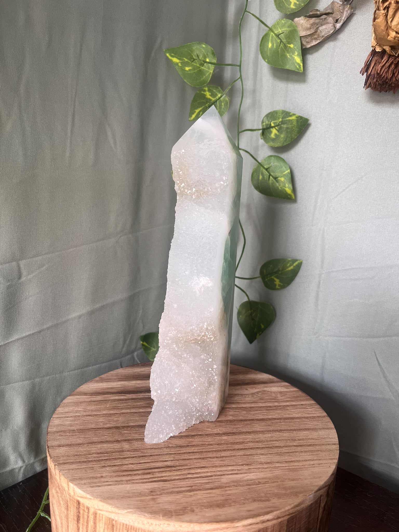 1021g natural Sugar Druzy Fluorite tower featuring sparkling white druzy crystal with polished green and white Fluorite.