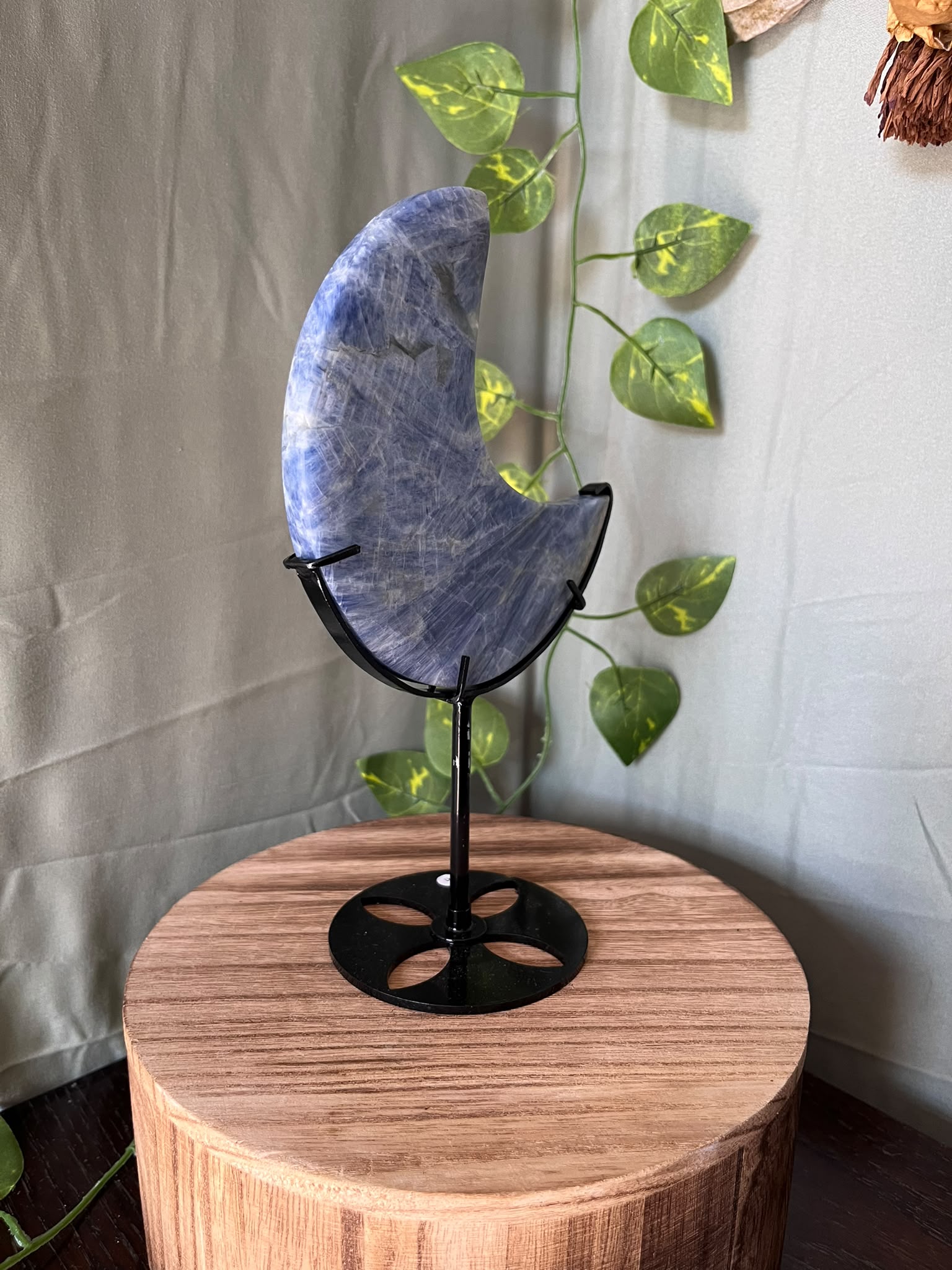 355g natural Blue Kyanite crescent moon crystal carving displayed on a black metal stand with soft blue fibrous patterning.