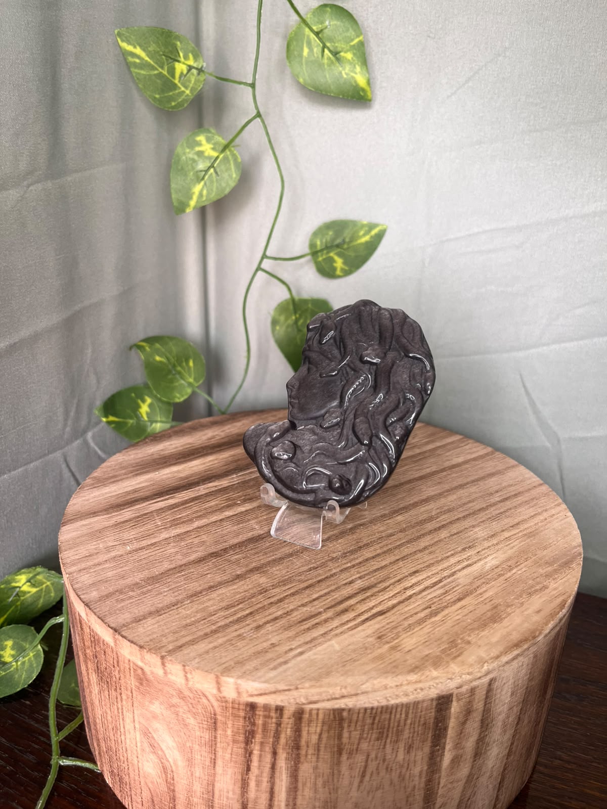 Silver Obsidian Medusa Carving
