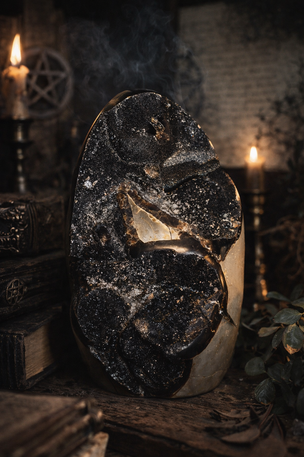 Black Septarian Dragon Egg Druzy with Calcite