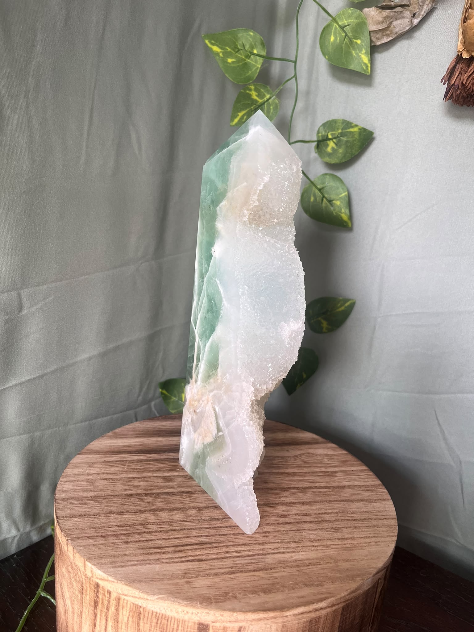 1021g natural Sugar Druzy Fluorite tower featuring sparkling white druzy crystal with polished green and white Fluorite.