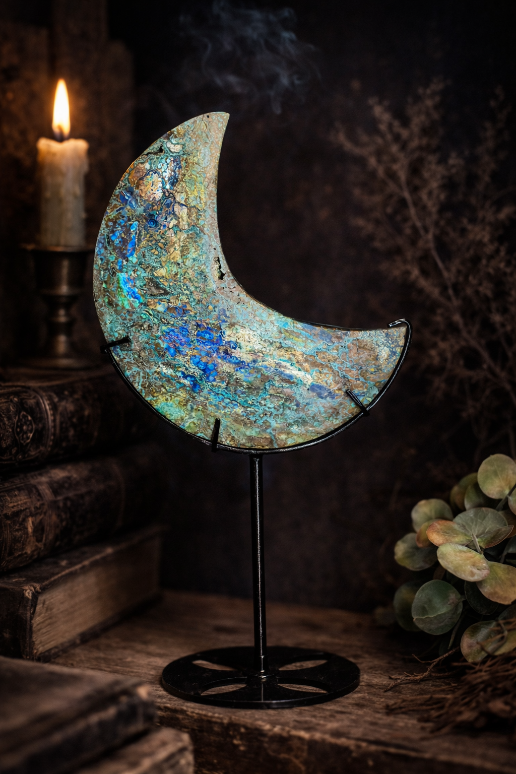 XL Azurite Malachite Crescent Moon on Stand