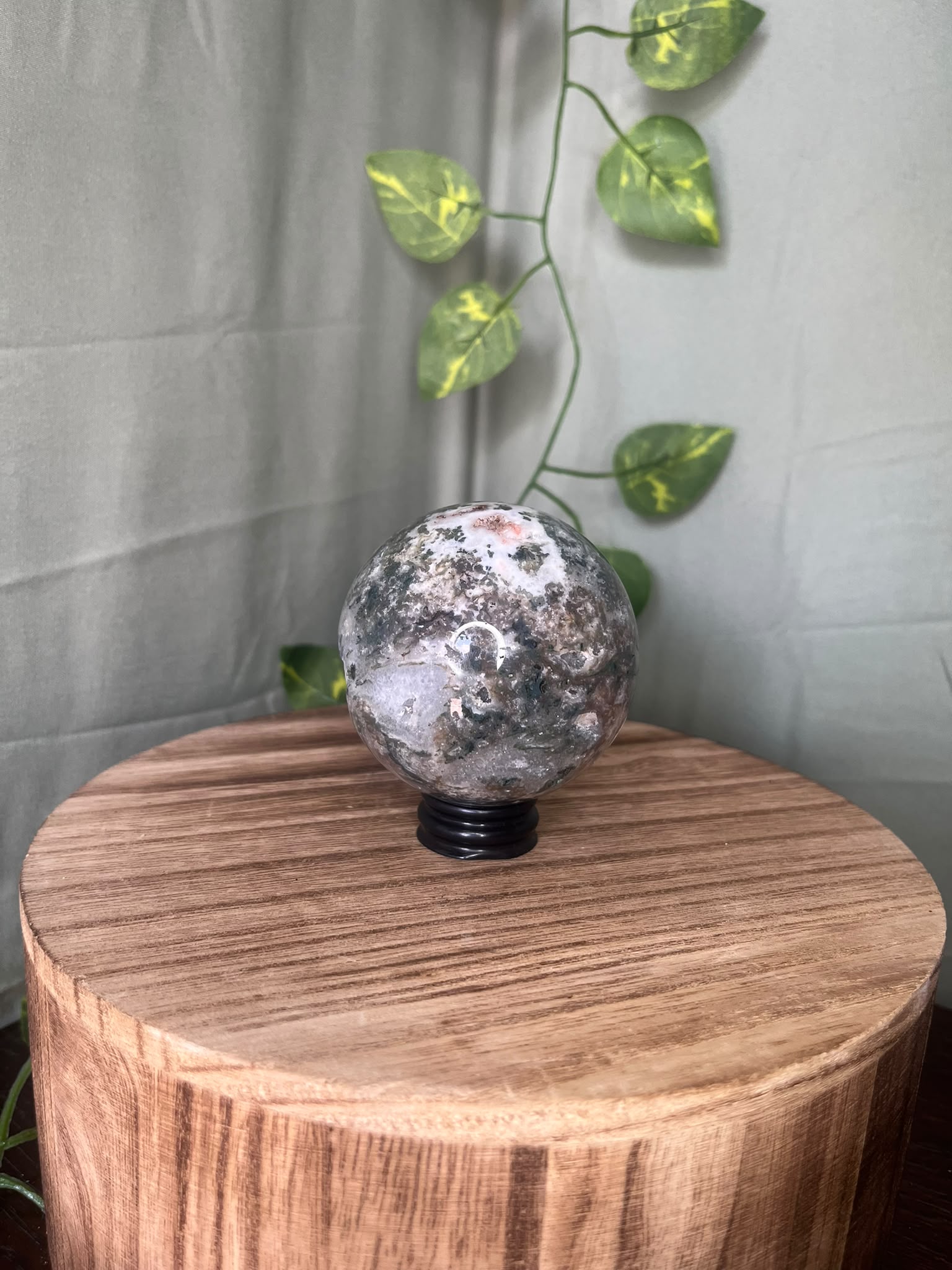 Moss Agate Sphere with Natural Druzy Portal
