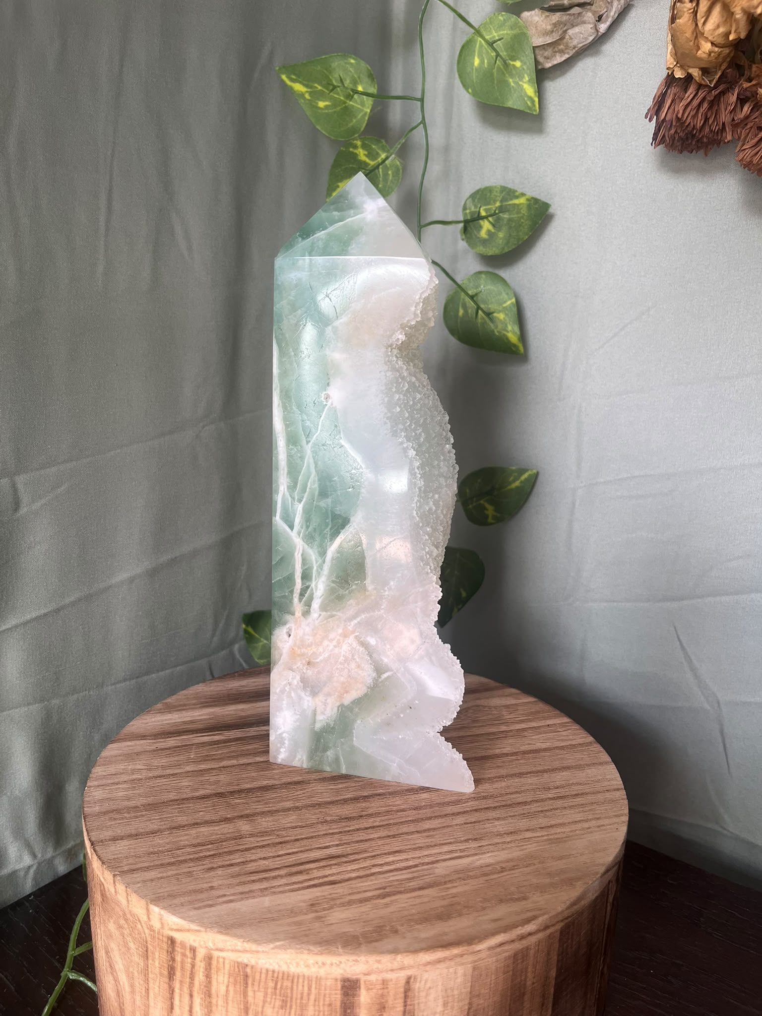 1021g natural Sugar Druzy Fluorite tower featuring sparkling white druzy crystal with polished green and white Fluorite.