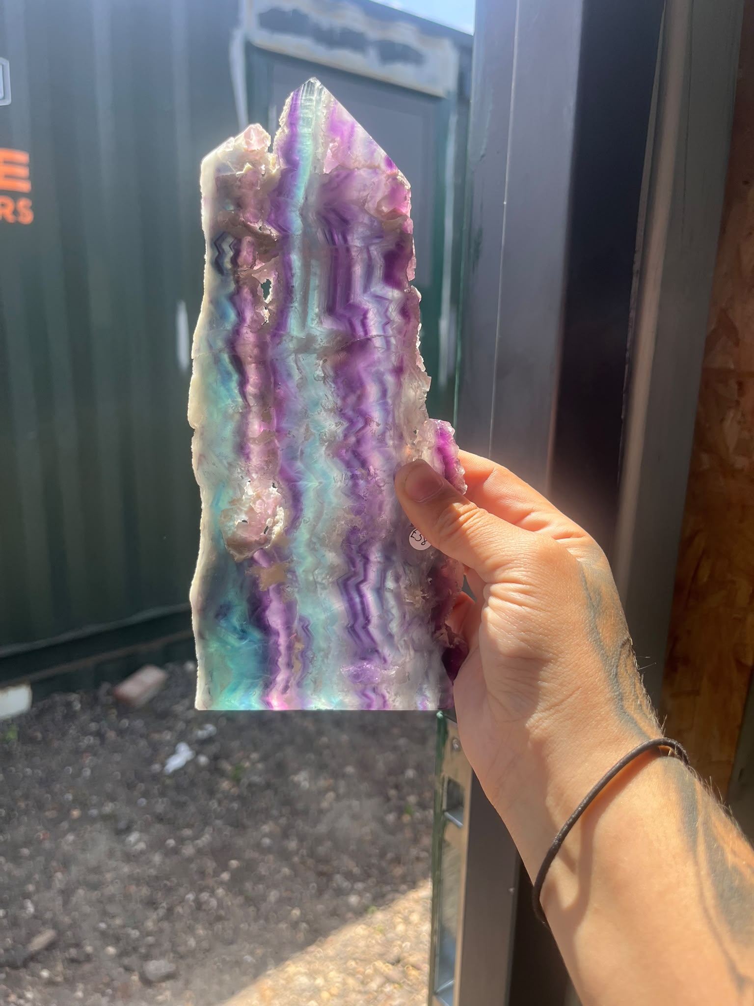 Rainbow Fluorite Display Slab with Wooden Stand