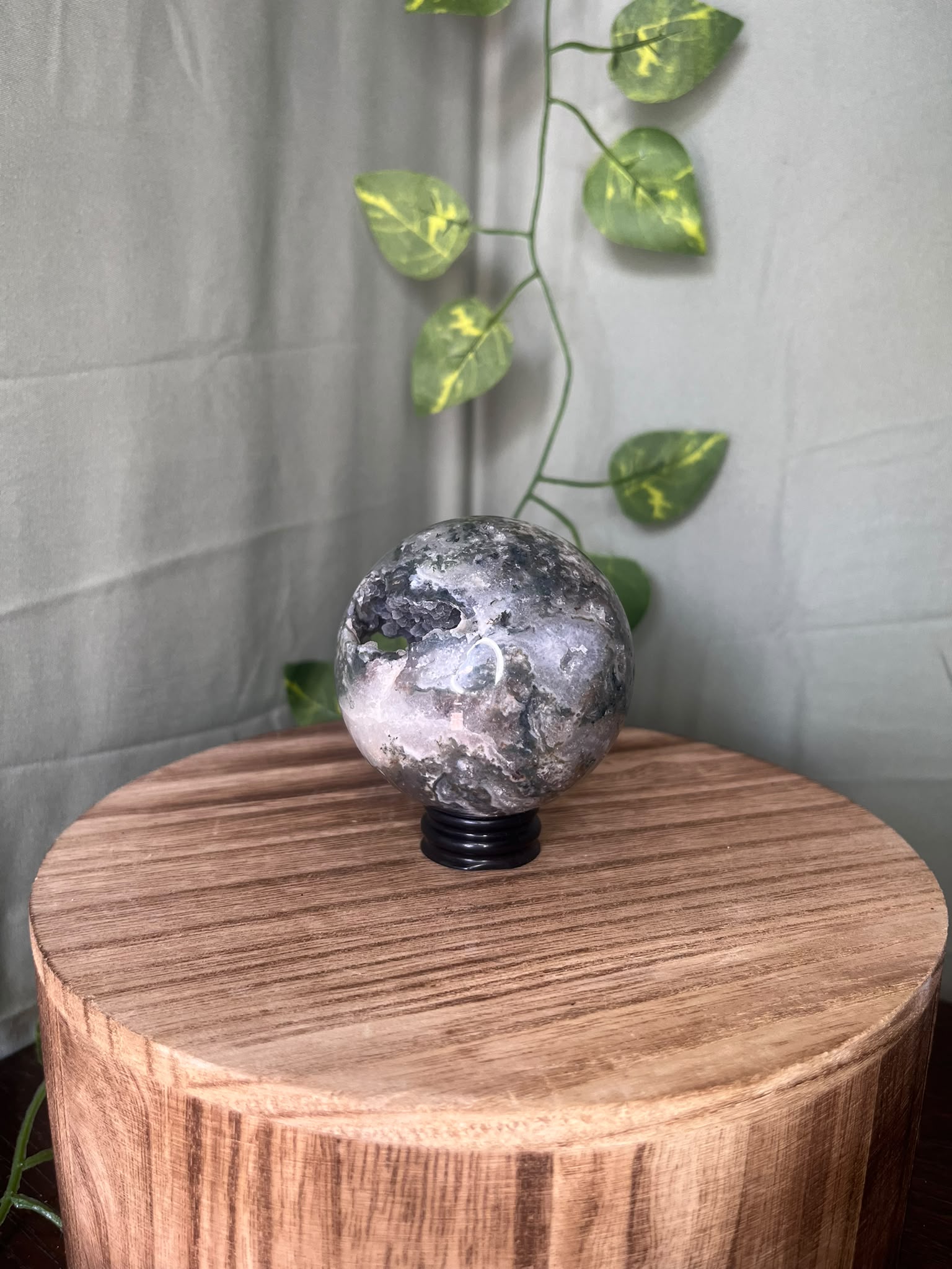 Moss Agate Sphere with Natural Druzy Portal
