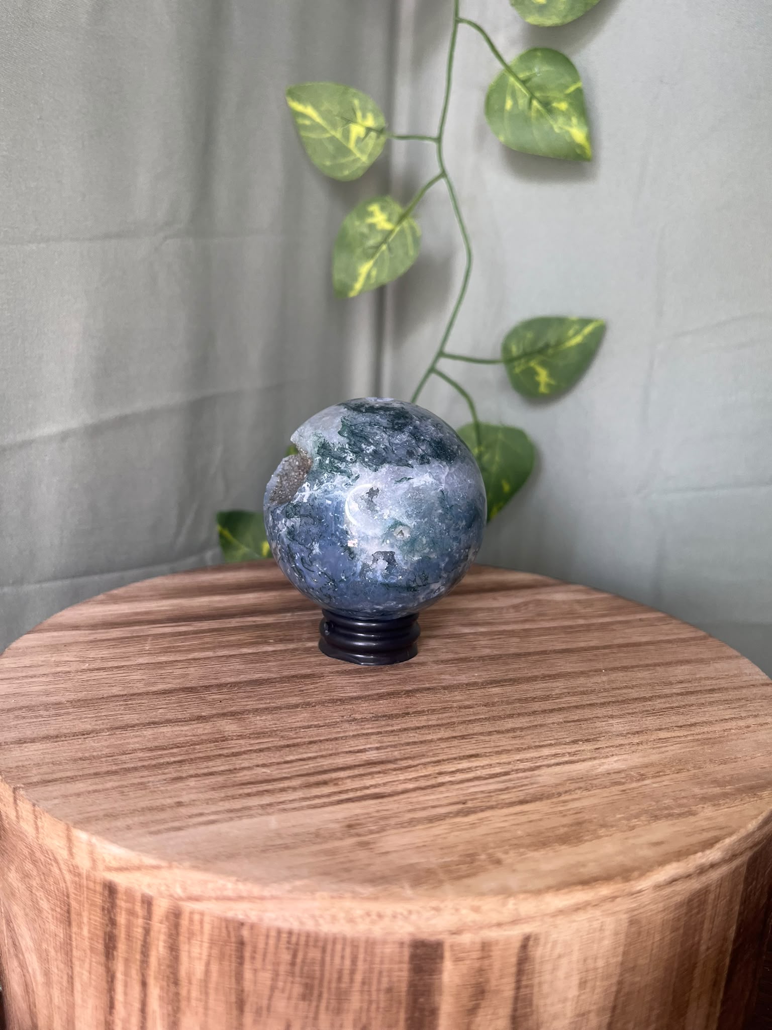 252g natural Moss Agate crystal sphere featuring green moss-like inclusions and a sparkling druzy quartz pocket