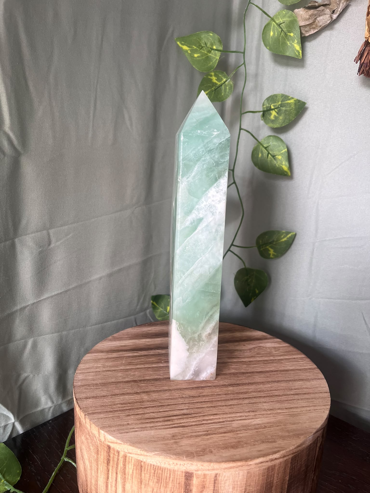 1021g natural Sugar Druzy Fluorite tower featuring sparkling white druzy crystal with polished green and white Fluorite.