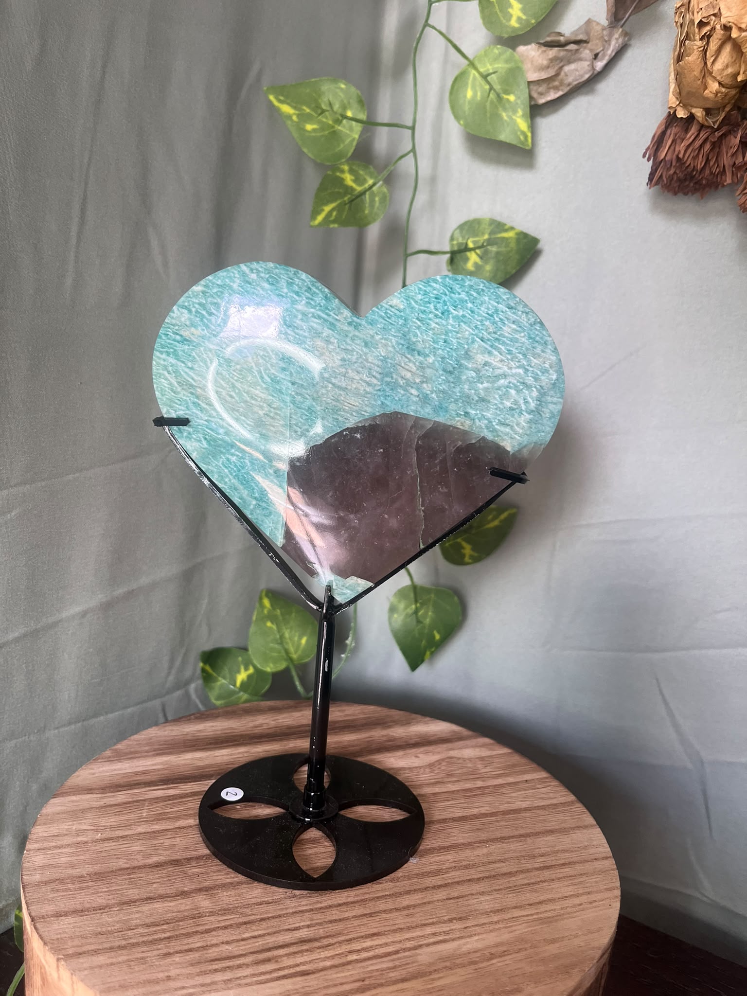 Amazonite Heart with Smoky Quartz on Stand
