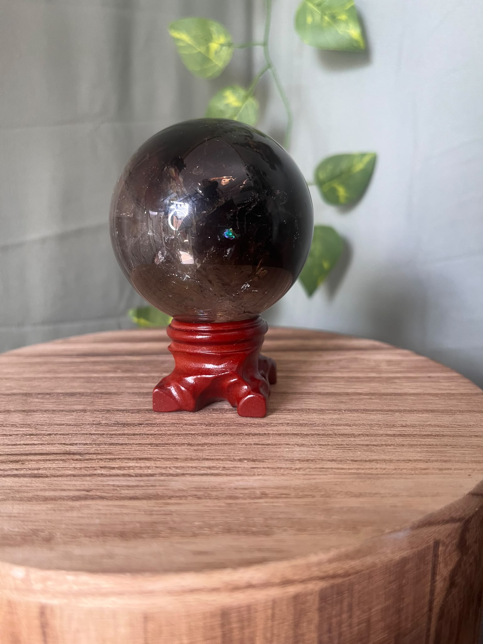 339g polished Rainbow Smoky Quartz sphere featuring deep smoky colouring with natural rainbow inclusions and a glossy finish.