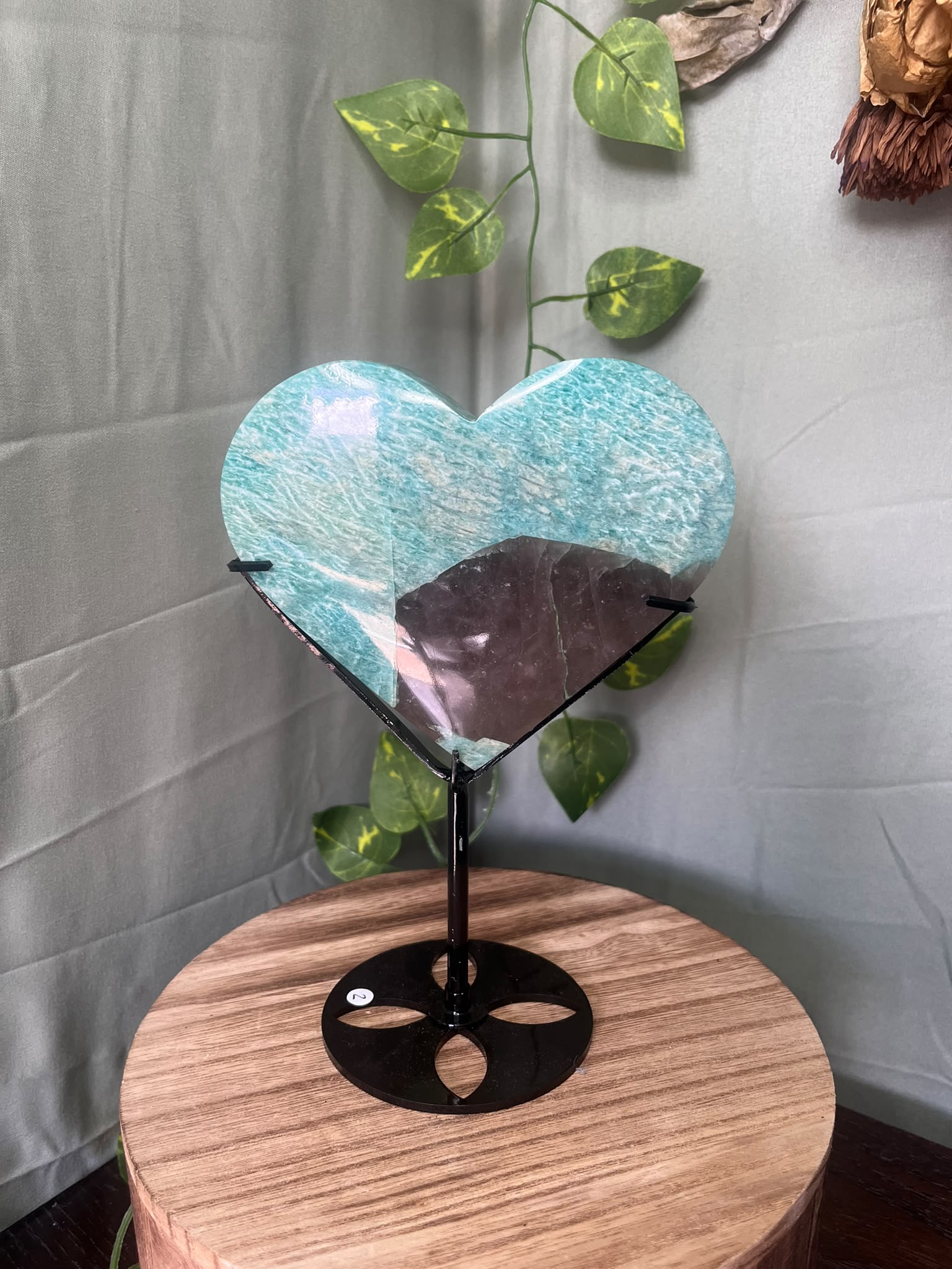 Amazonite Heart with Smoky Quartz on Stand