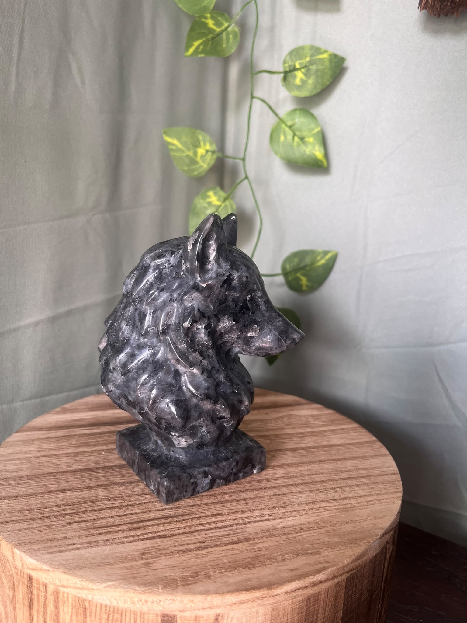 735g natural Larvikite wolf crystal carving featuring shimmering silver feldspar flashes and detailed wolf craftsmanship.