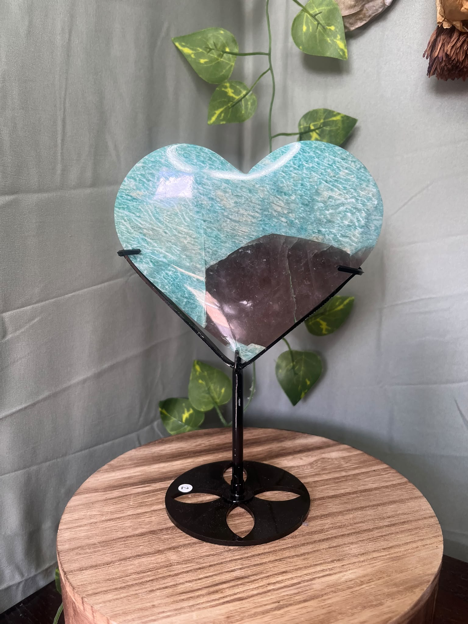 Amazonite Heart with Smoky Quartz on Stand