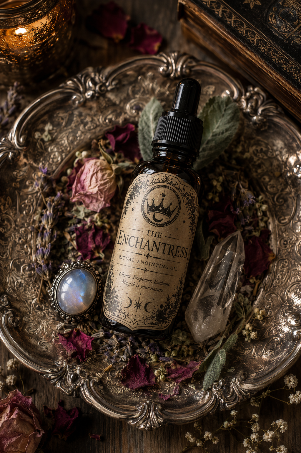The Enchantress Ritual Anointing Oil displayed on an antique silver tray with dried roses, herbs and crystals, handcrafted for attraction, confidence and glamour magick.